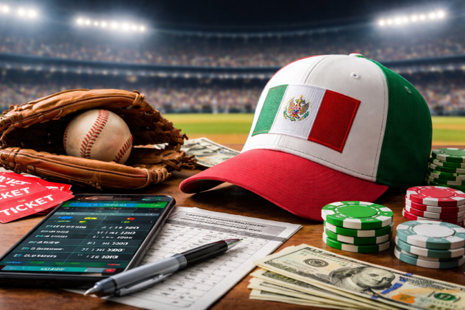 Guante de béisbol con pelota, gorra con bandera de México, fichas de casino y celular mostrando apuestas deportivas en un estadio de béisbol.