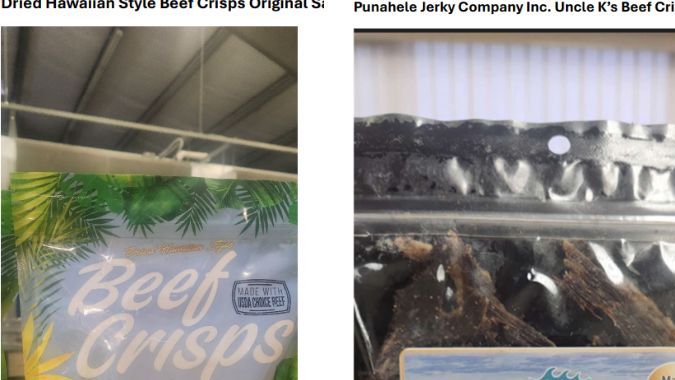 Tres paquetes de snacks de carne seca (Beef Crisps) de Punahele Jerky Company con etiquetas de sabor Original y Kilauea Fire sobre un fondo neutro.