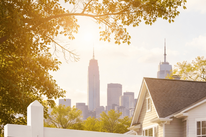Casas en barrio residencial de Nueva Jersey con cartel de venta en el frente