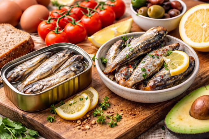 Plato con un pequeño pescado azul acompañado de alimentos saludables como limón, tomate y aceite de oliva, considerado por nutricionistas uno de los alimentos más completos