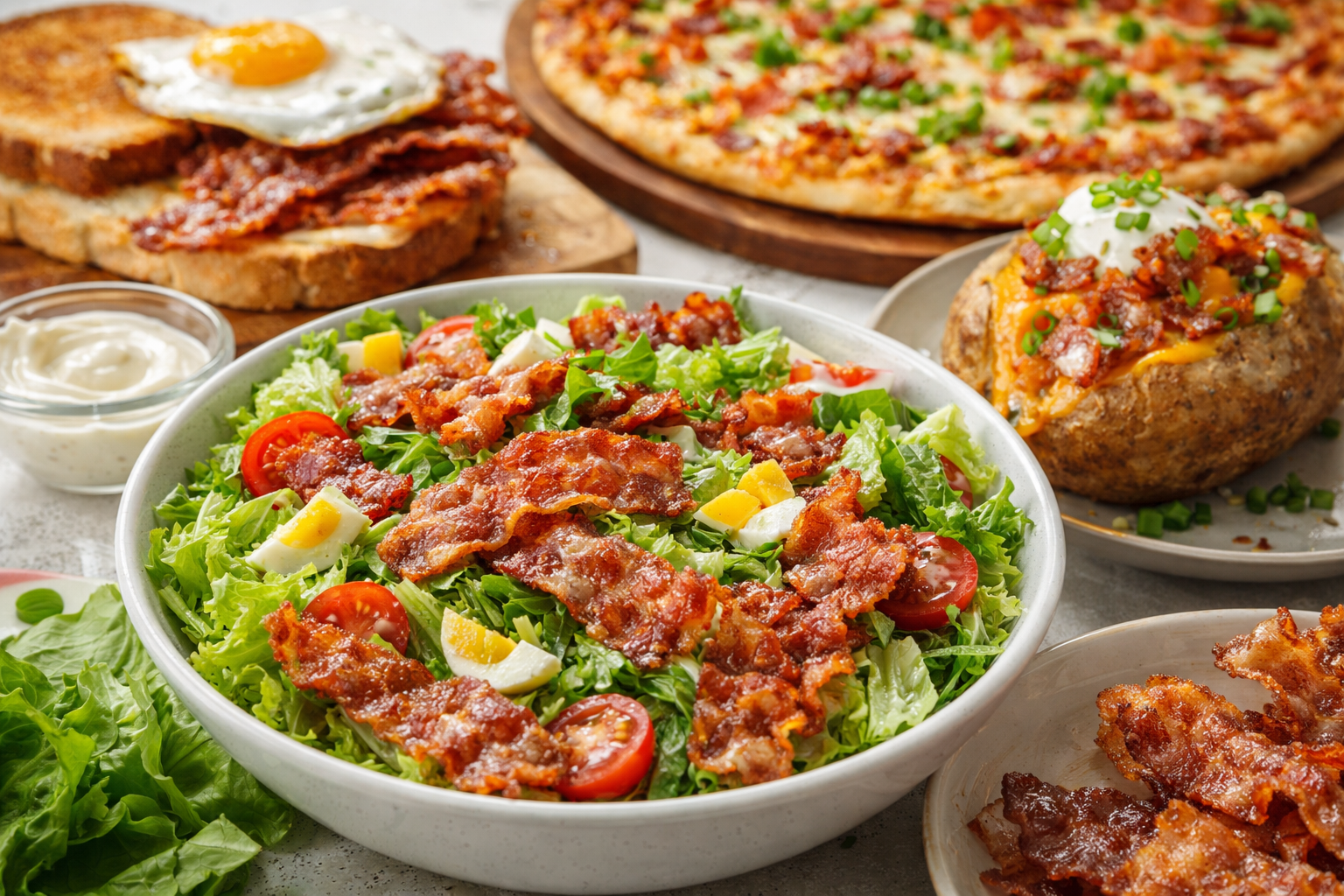 Ensalada con bacon crujiente acompañada de otros platos como huevo, tostadas y papa rellena