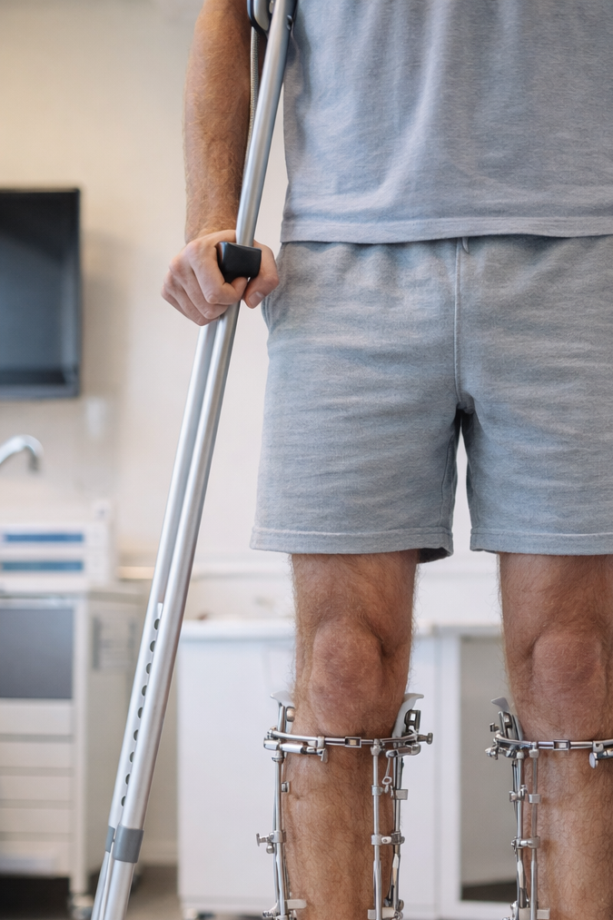 Paciente de pie con muletas y fijadores externos en las piernas después de una cirugía de alargamiento óseo