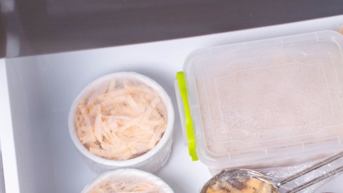 Vista interior de un congelador organizado con recipientes herméticos, carnes al vacío y hortalizas congeladas etiquetadas.