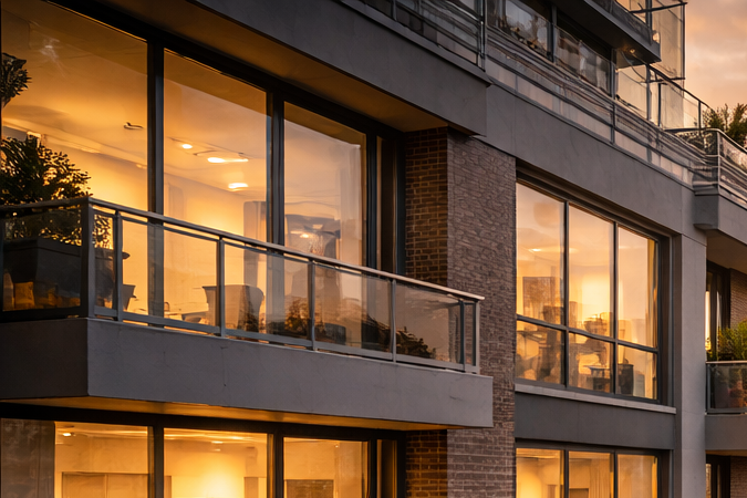 Convocatorias de apartamentos económicos en NY Edificios residenciales modernos en Nueva York vistos desde el exterior al atardecer