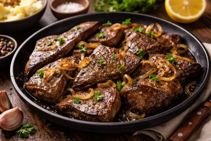 Hígado de res cocinado en sartén con cebolla caramelizada y perejil fresco