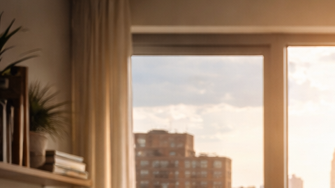 Pareja mirando el skyline de Nueva York desde su apartamento