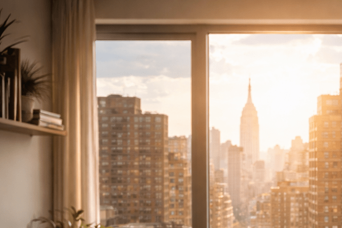 Pareja mirando el skyline de Nueva York desde su apartamento