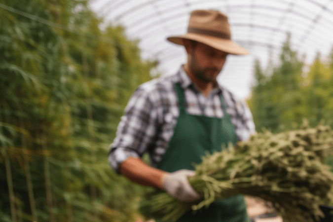 Agricultor trabajando en la cosecha de plantas de cáñamo en un invernadero, parte de la producción de hemp utilizada para productos con CBD y derivados.