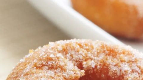 Plato de cerámica blanca con varios roscos de Semana Santa fritos, cubiertos de una capa generosa de azúcar y almíbar. Tienen un tono dorado y se aprecian las motas del anís.