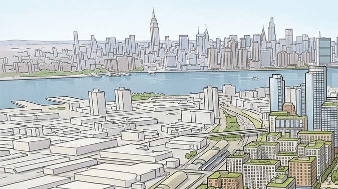 Esta ilustración es una representación artística inspirada en el Plan Maestro de Sunnyside Yard en Queens.