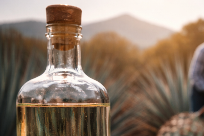 Vasos de tequila con limón y sal sobre mesa de madera, con botellas y plantación de agave al fondo