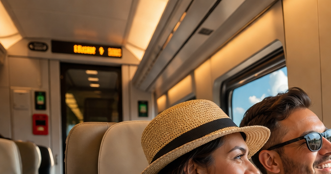 Pareja viajando en tren en Estados Unidos disfrutando la vista de la ciudad desde el asiento