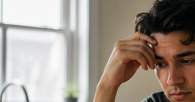 Hombre sentado en una cocina con gesto pensativo, imagen ilustrativa sobre efectos prolongados del cannabis en el organismo.