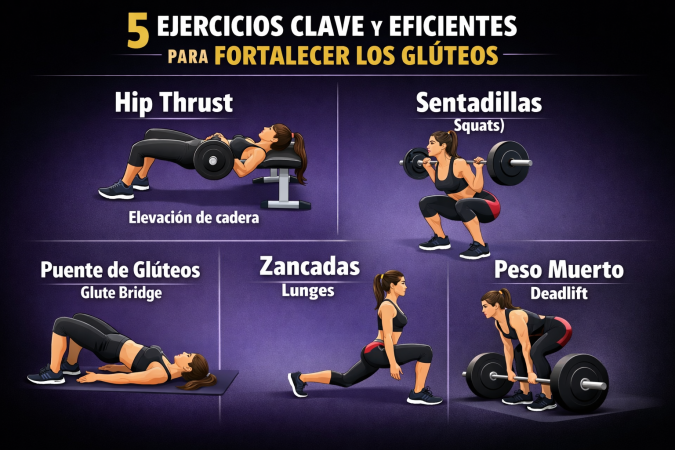 infografía 5 ejercicios para fortalecer los glúteos