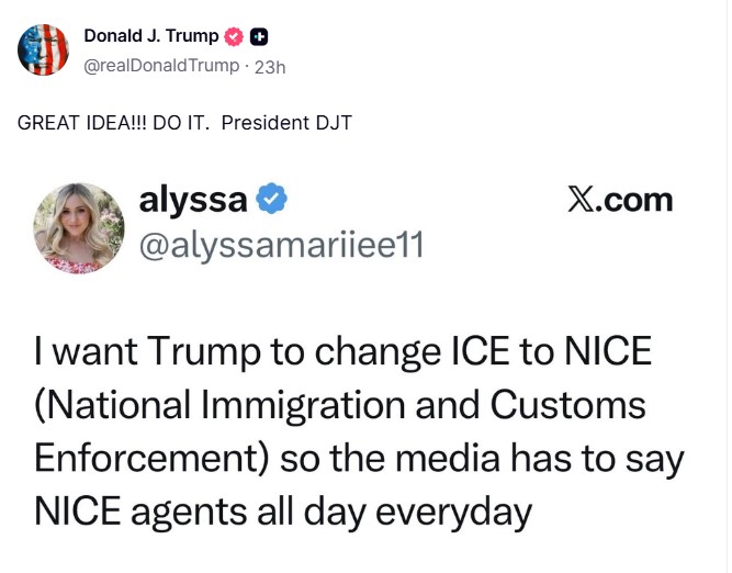 Screenshot of a social media post by Donald J. Trump expressing approval of a suggestion from a user named Alyssa, who proposes changing ICE to NICE to alter media references.