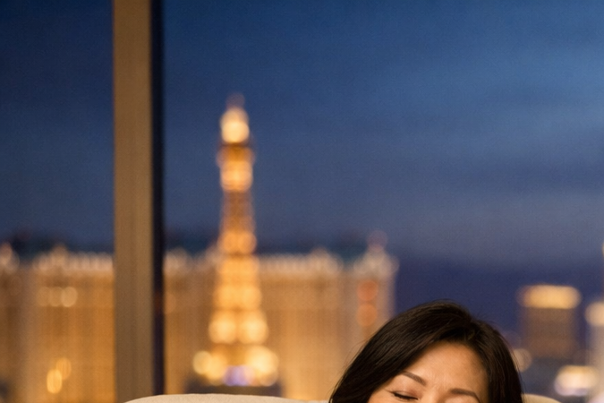 Mujer asiática descansa en una suite moderna de Las Vegas mientras una enfermera prepara terapia IV.