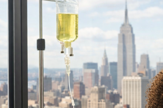 Mujer afrolatina recibe suero intravenoso en el living de un departamento moderno en Nueva York.