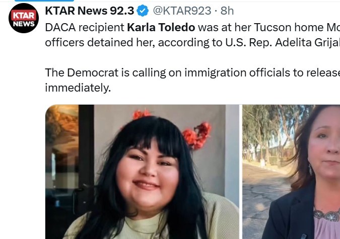 Image of DACA recipient Karla Toledo who was detained by ICE at her Tucson home, alongside U.S. Rep. Adelita Grijalva speaking about the situation.
