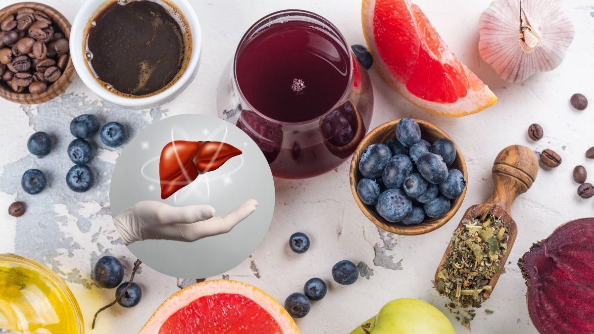 Variedad de frutas sobre fondo blanco con la imagen de un hígado