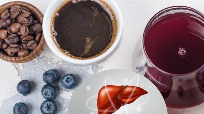 Variedad de frutas sobre fondo blanco con la imagen de un hígado