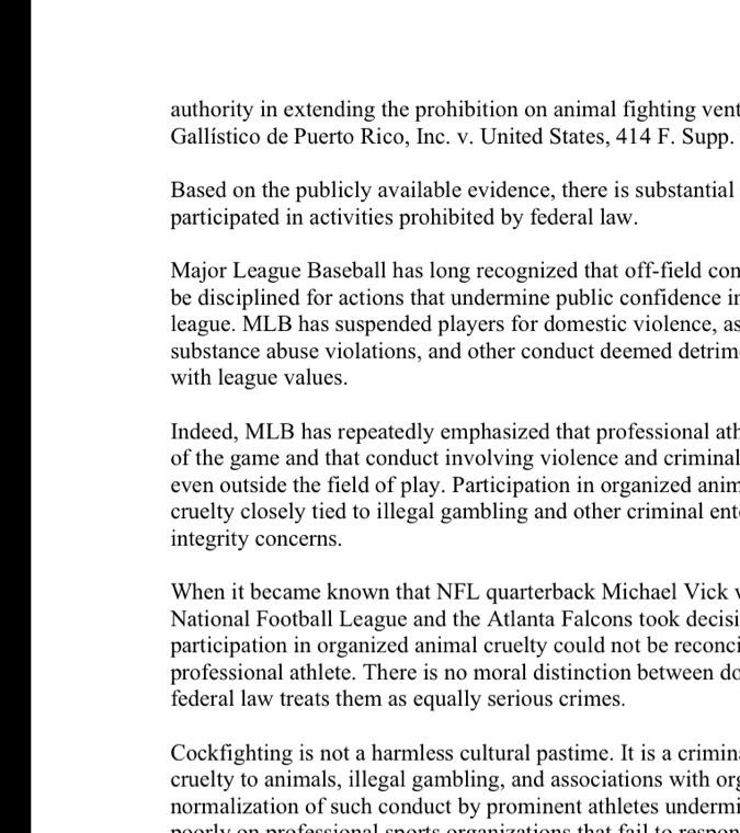 A legal document discussing the involvement of Major League Baseball and the NFL in addressing animal fighting activities, specifically mentioning Edwin Diaz and the need for disciplinary action against players connected to illegal animal cruelty.