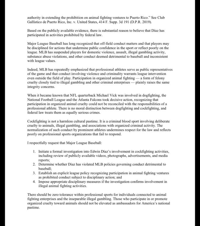 A legal document discussing the involvement of Major League Baseball and the NFL in addressing animal fighting activities, specifically mentioning Edwin Diaz and the need for disciplinary action against players connected to illegal animal cruelty.