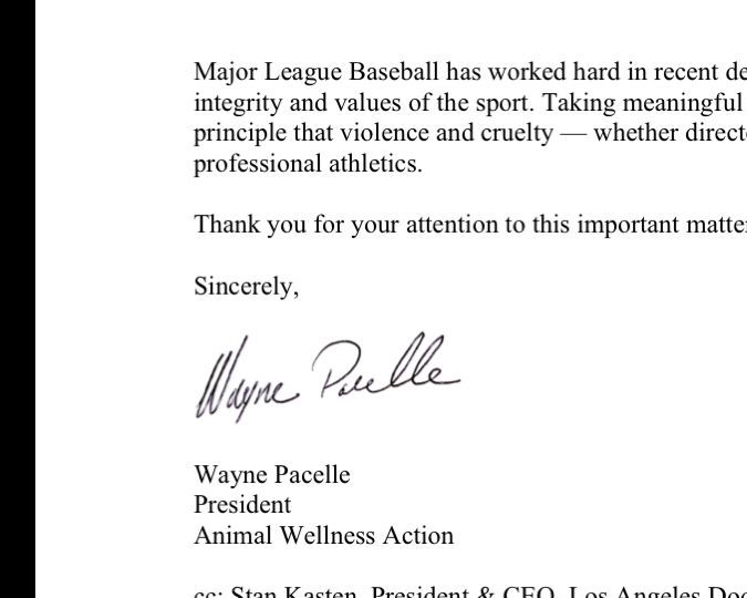A letter from Wayne Pacelle, President of Animal Wellness Action, addressing Major League Baseball regarding the importance of actions against violence and cruelty in professional athletics.