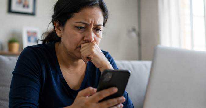 Mujer latina preocupada mirando su teléfono celular en casa mientras intenta ver qué pasó con su trámite de inmigración