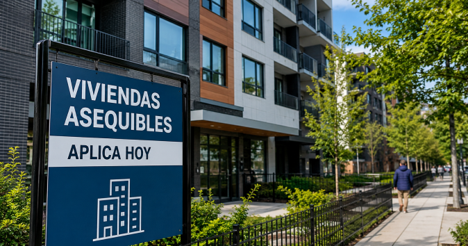 Prompts para buscar apartamentos con IA Edificio moderno de apartamentos en Nueva York con cartel de viviendas asequibles para aplicar a una lotería de Housing Connect