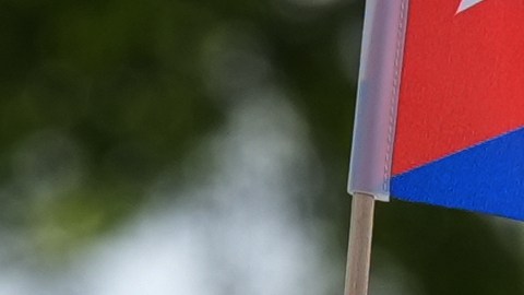 Santiago Ferran sostiene un cartel que pide la intervención estadounidense en Cuba, mientras un pequeño grupo de cubanos se congrega para ondear banderas y portar pancartas.