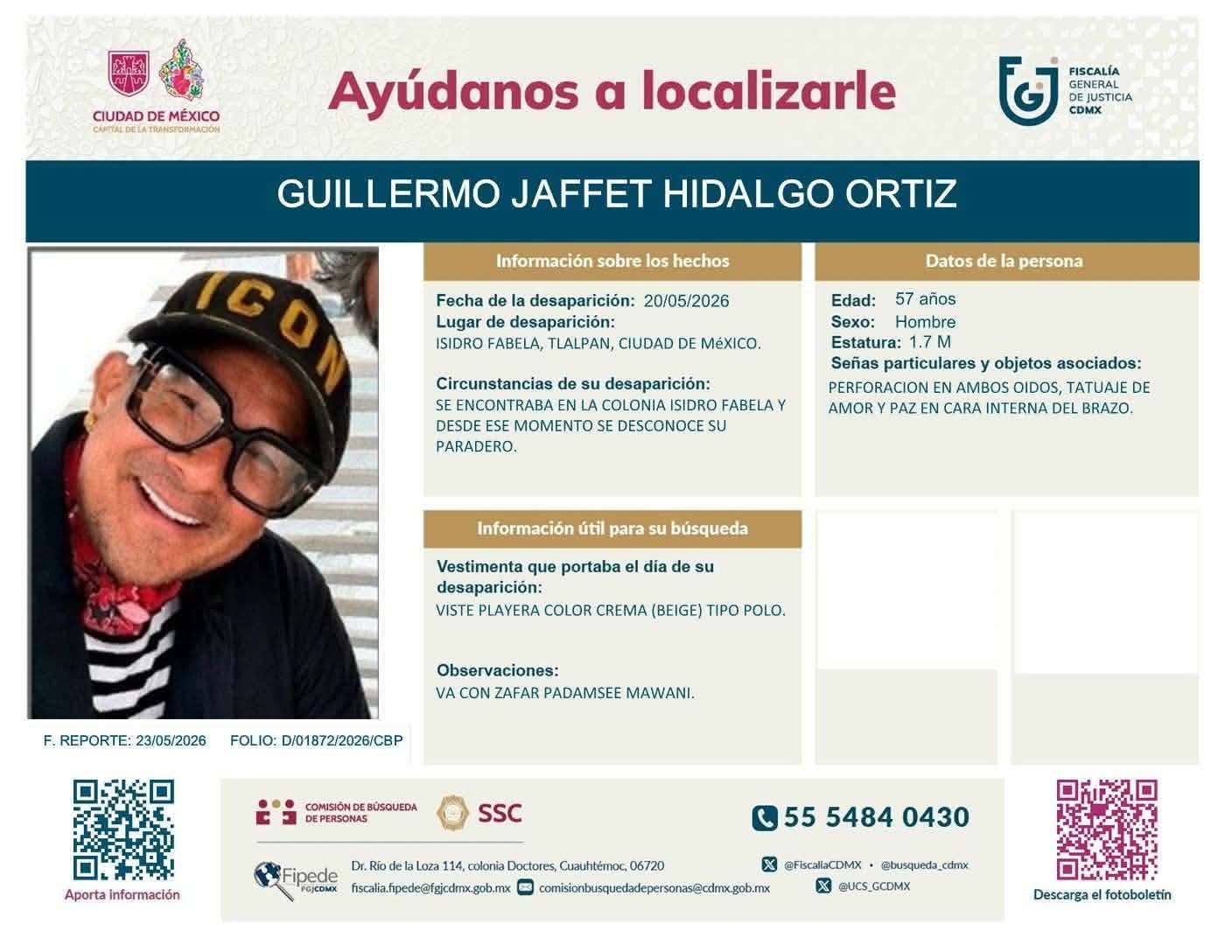 Missing person flyer for Guillermo Jaffet Hidalgo Ortiz, including details about his last known location, physical description, and contact information for assistance.