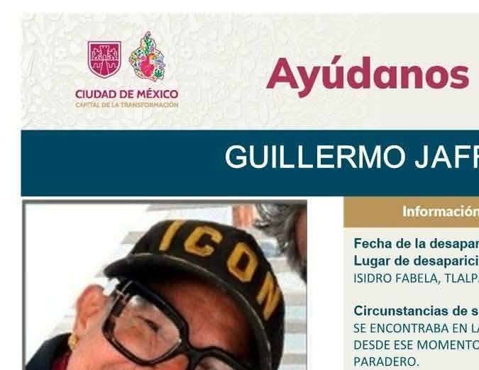 Missing person flyer for Guillermo Jaffet Hidalgo Ortiz, including details about his last known location, physical description, and contact information for assistance.