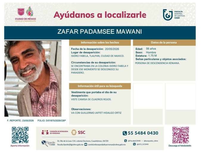 Missing person poster for Zafar Padamsee Mawani, featuring his photo and details about his disappearance in Isidro Fabela, Tlalpan, Mexico City. Includes contact information for reporting sightings.