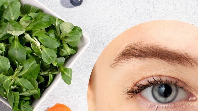 alimentos ricos en batacatorenos y en el centro una imagen de un ojo humano.