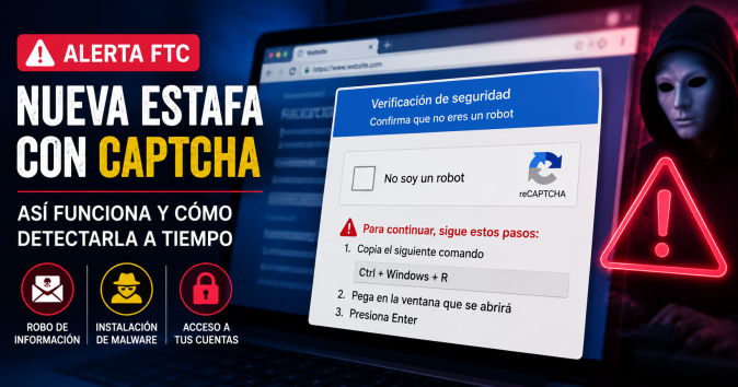 La FTC advierte sobre una nueva estafa que utiliza CAPTCHA falsos para engañar a usuarios, instalar malware y robar información personal.