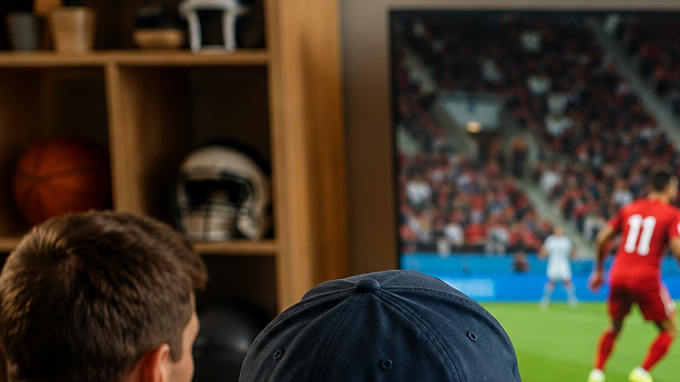 Aficionados estadounidenses miran un partido de fútbol en una pantalla grande mientras consultan reglas del juego en sus teléfonos.