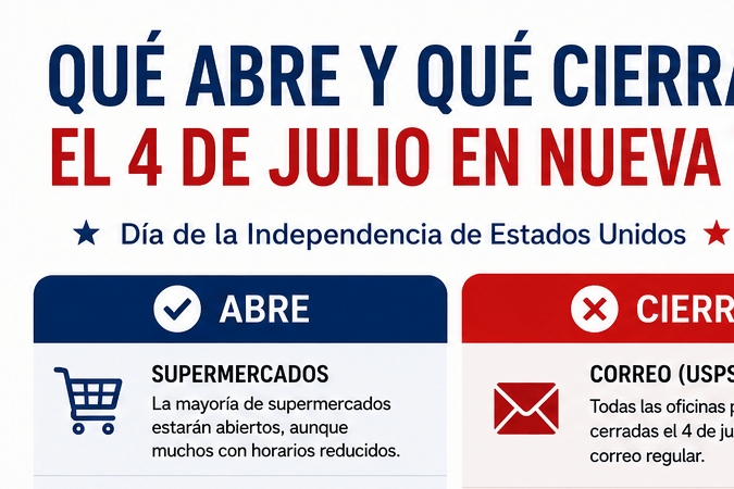 En Nueva York, la fecha se celebra con el tradicional espectáculo de fuegos artificiales de Macy's, reuniones familiares y eventos al aire libre. La imagen muestra un calendario con el Día de la Independencia señalado junto a la Estatua de la Libertad y el perfil de Manhattan, símbolos de la ciudad y de la celebración.