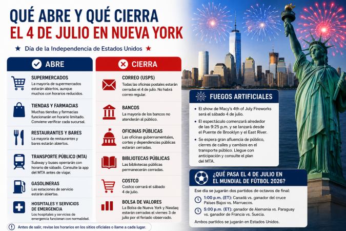 En Nueva York, la fecha se celebra con el tradicional espectáculo de fuegos artificiales de Macy's, reuniones familiares y eventos al aire libre. La imagen muestra un calendario con el Día de la Independencia señalado junto a la Estatua de la Libertad y el perfil de Manhattan, símbolos de la ciudad y de la celebración.