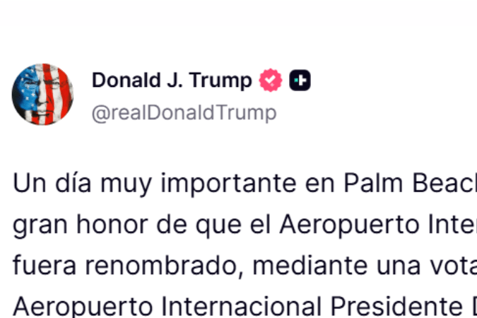 A Twitter post by Donald J. Trump announcing the renaming of Palm Beach International Airport to President Donald J. Trump International Airport, expressing gratitude to the community.