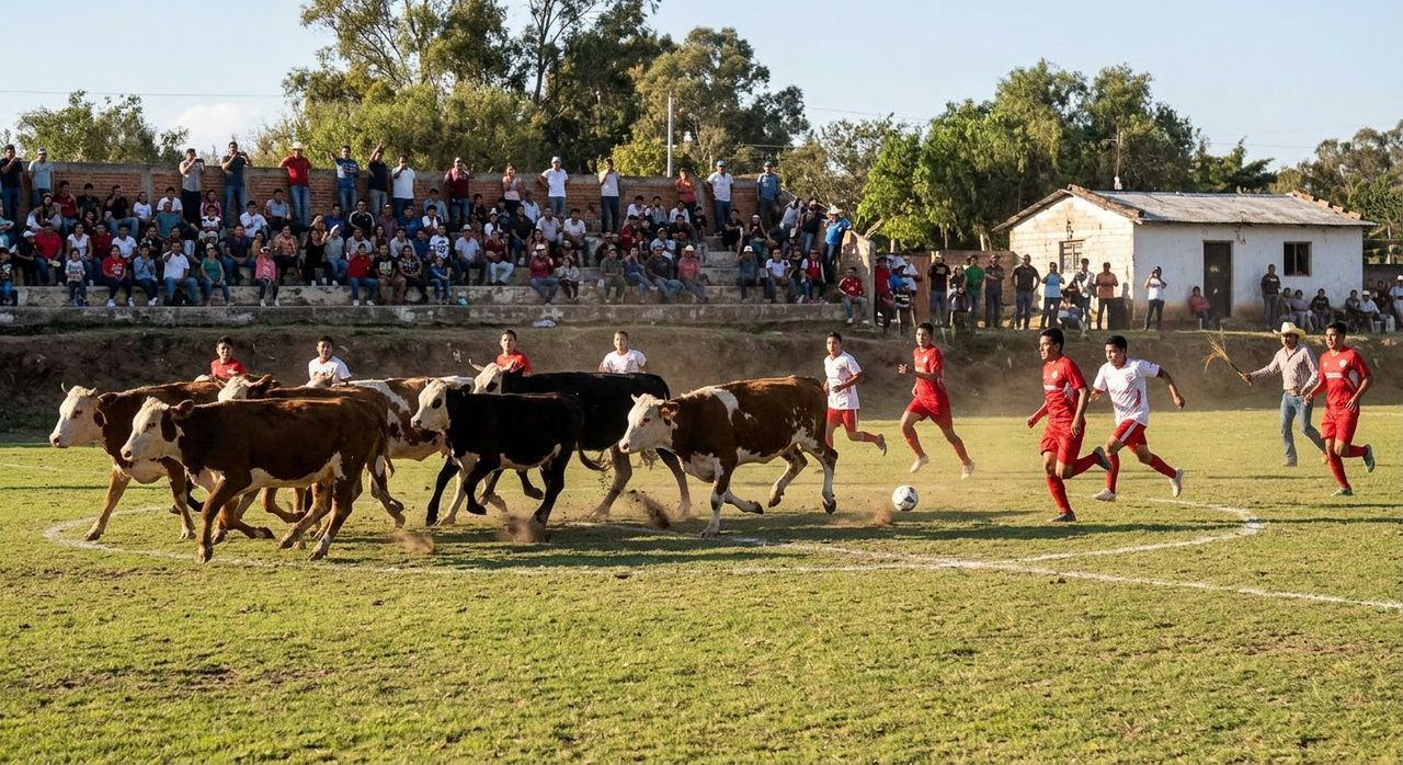 Manada de vacas irrumpe en pleno partido en México y obliga a jugadores a huir