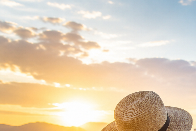 Crucero navegando frente a una playa tropical, con sombrero, toalla y gafas de sol en primer plano, en una imagen ilustrativa sobre vacaciones en crucero