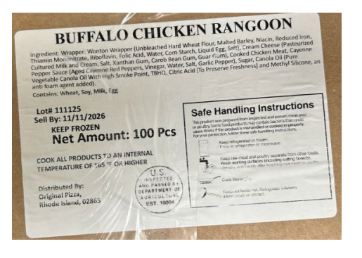 Cajas de cartón de Buffalo Chicken Rangoon y Mozzarella Sticks retiradas del mercado por el FSIS.