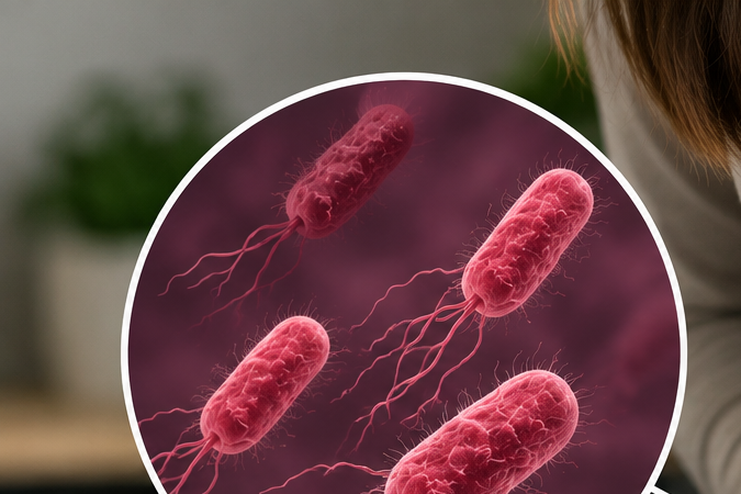 Mujer con fuerte dolor abdominal después de comer, junto a una ilustración de bacterias relacionadas con la salmonela.