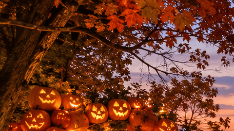 Evento nocturno de otoño con miles de calabazas iluminadas alrededor de una mansión histórica y visitantes caminando entre las luces.