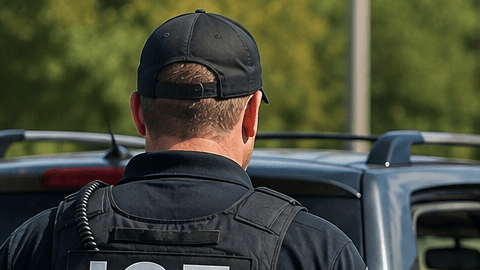 Agentes de ICE junto a dos vehículos chocados en una carretera de Nueva Jersey tras una persecución.