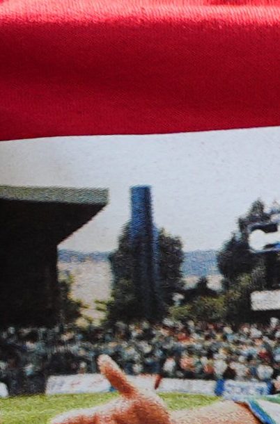 Un aficionado lleva una camiseta con la imagen del jugador argentino Diego Maradona durante la final de la Copa del Mundo de fútbol entre Argentina y España, el domingo 19 de julio de 2026, en la FIFA Fan Zone del National Mall en Washington.